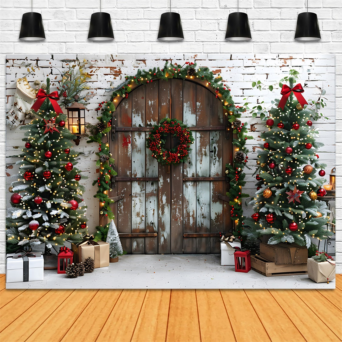 Sfondo Di Alberi Festivi Per Porta Rustica Di Natale RR7-687