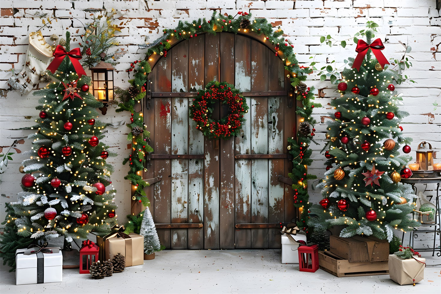 Sfondo Di Alberi Festivi Per Porta Rustica Di Natale RR7-687
