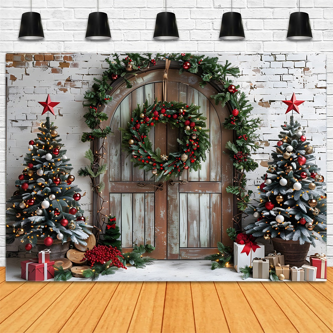 Sfondo Di Porta Ad Arco Rustica Con Alberi Festivi Di Natale RR7-688