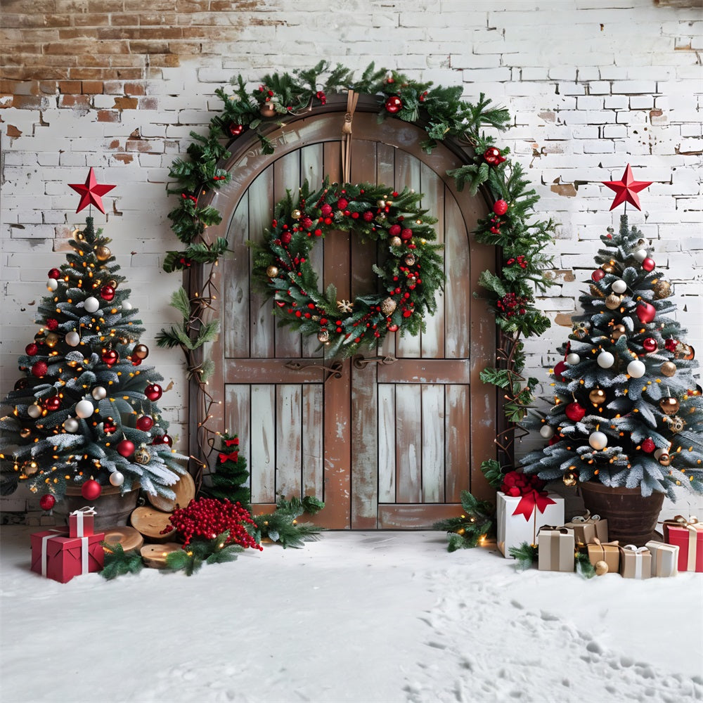 Sfondo Di Porta Ad Arco Rustica Con Alberi Festivi Di Natale RR7-688