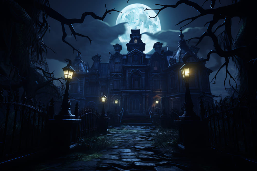 Sfondo Della Luna Piena Di Halloween Spooky Mansion RR7-69