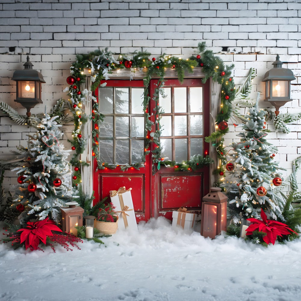 Sfondo Ghirlanda Di Natale Con Porta Rossa Innevata RR7-692