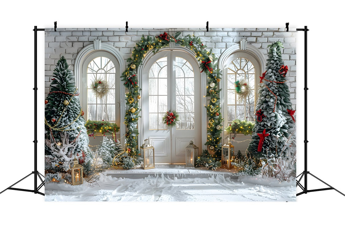 Sfondo Natalizio Con Decorazioni Innevate Per Porta Ad Arco RR7-694