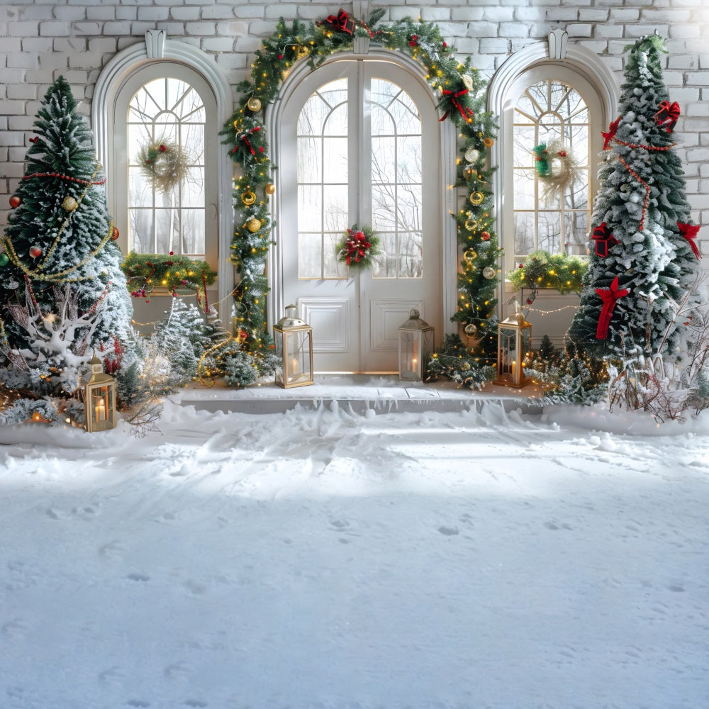 Sfondo Natalizio Con Decorazioni Innevate Per Porta Ad Arco RR7-694