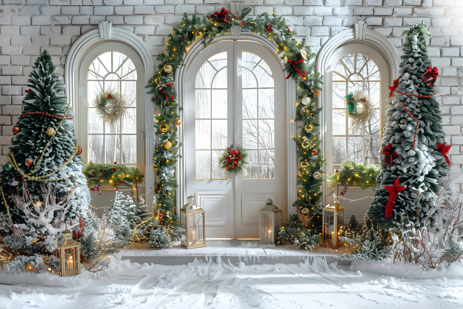 Sfondo Natalizio Con Decorazioni Innevate Per Porta Ad Arco RR7-694