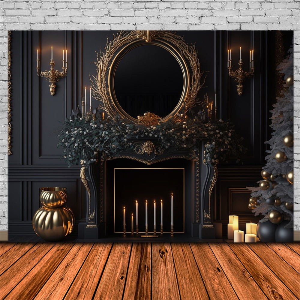 Sfondo Nero Per Albero Di Natale Con Caminetto Da Parete RR7-713