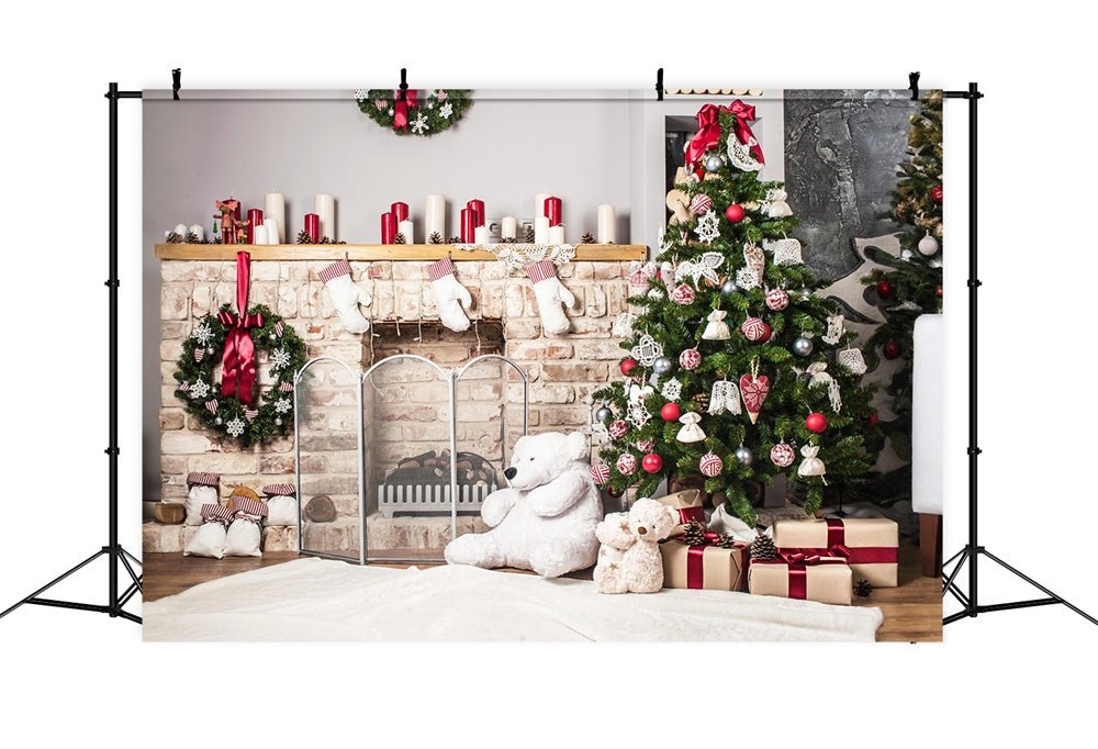 Sfondo Dell'Albero Di Natale Del Camino Dell'Orso Giocattolo RR7-723