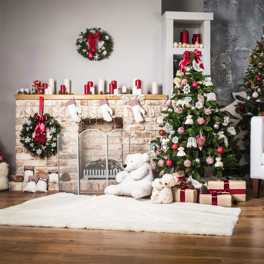 Sfondo Dell'Albero Di Natale Del Camino Dell'Orso Giocattolo RR7-723