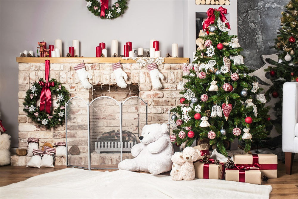 Sfondo Dell'Albero Di Natale Del Camino Dell'Orso Giocattolo RR7-723
