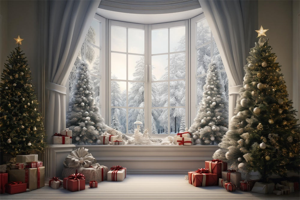 Sfondo Del Paesaggio Dell'Albero Innevato Della Finestra Di Natale RR7-728