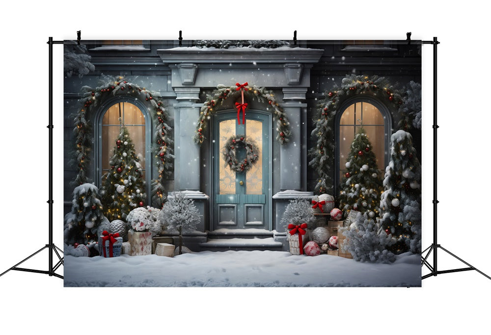 Sfondo Di Porta Finestra Dell'Albero Di Natale Innevato RR7-729