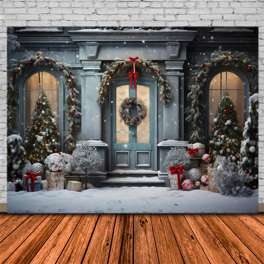 Sfondo Di Porta Finestra Dell'Albero Di Natale Innevato RR7-729