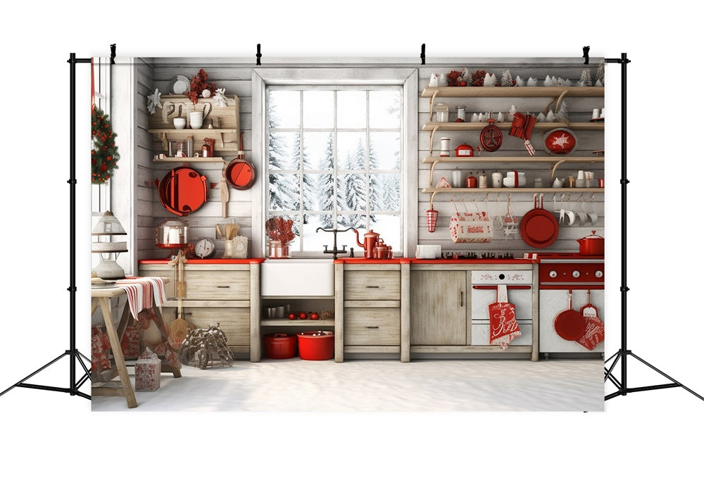 Sfondo Della Cucina Natalizia Con Cabina Nella Foresta Innevata RR7-730