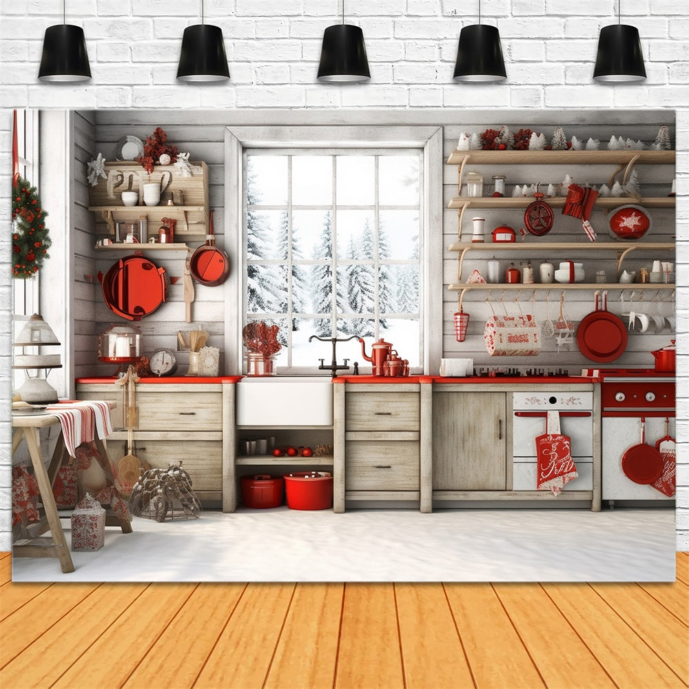 Sfondo Della Cucina Natalizia Con Cabina Nella Foresta Innevata RR7-730