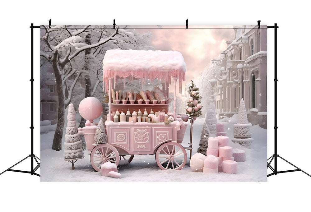 Sfondo Di Neve Del Carrello Del Negozio Di Caramelle Rosa Di Natale RR7-738