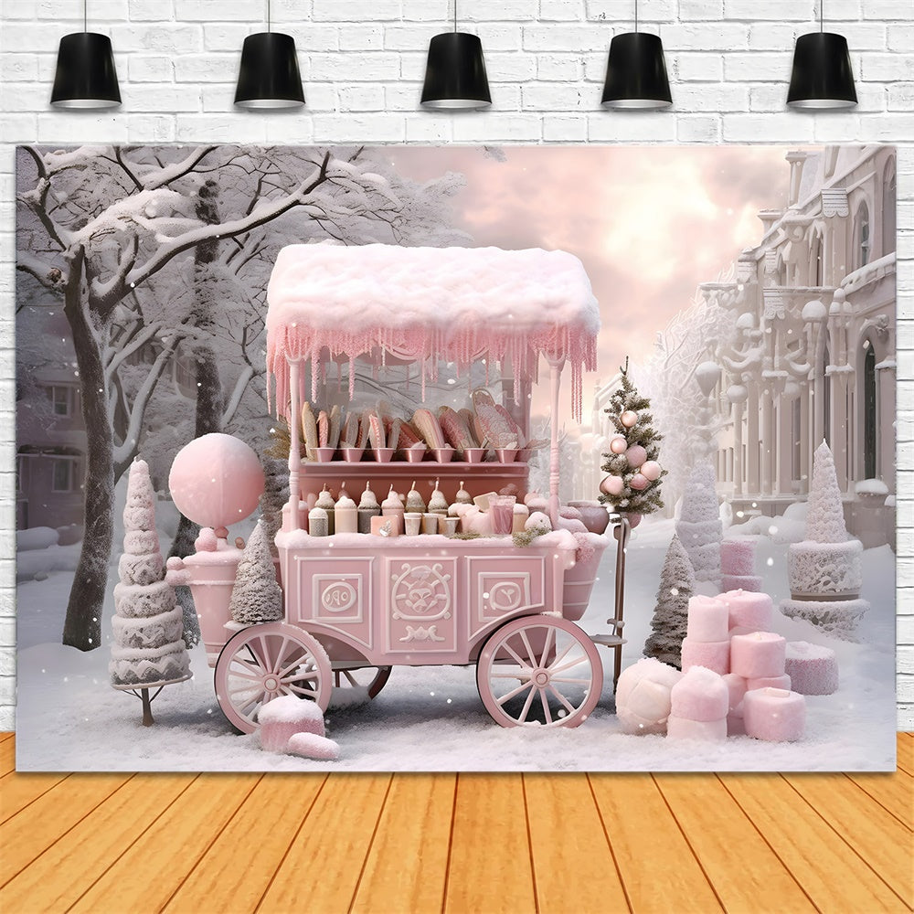 Sfondo Di Neve Del Carrello Del Negozio Di Caramelle Rosa Di Natale RR7-738
