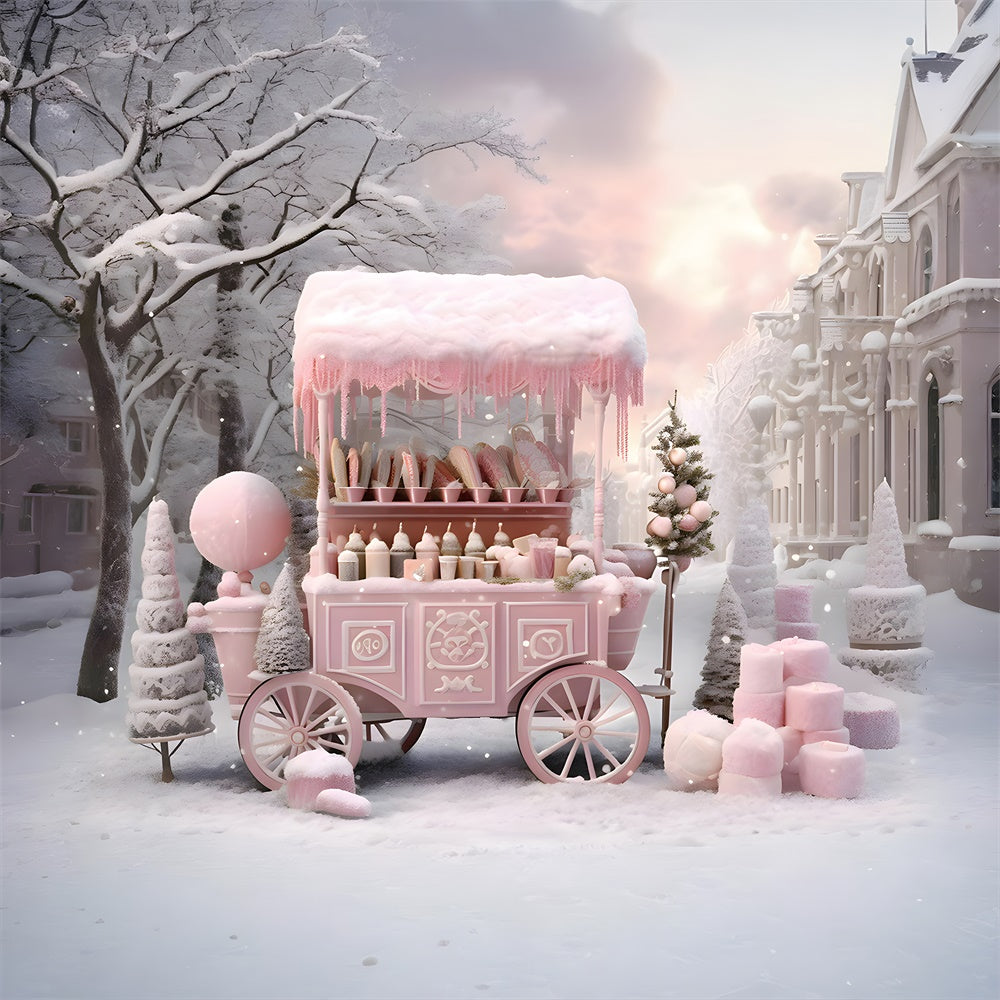 Sfondo Di Neve Del Carrello Del Negozio Di Caramelle Rosa Di Natale RR7-738