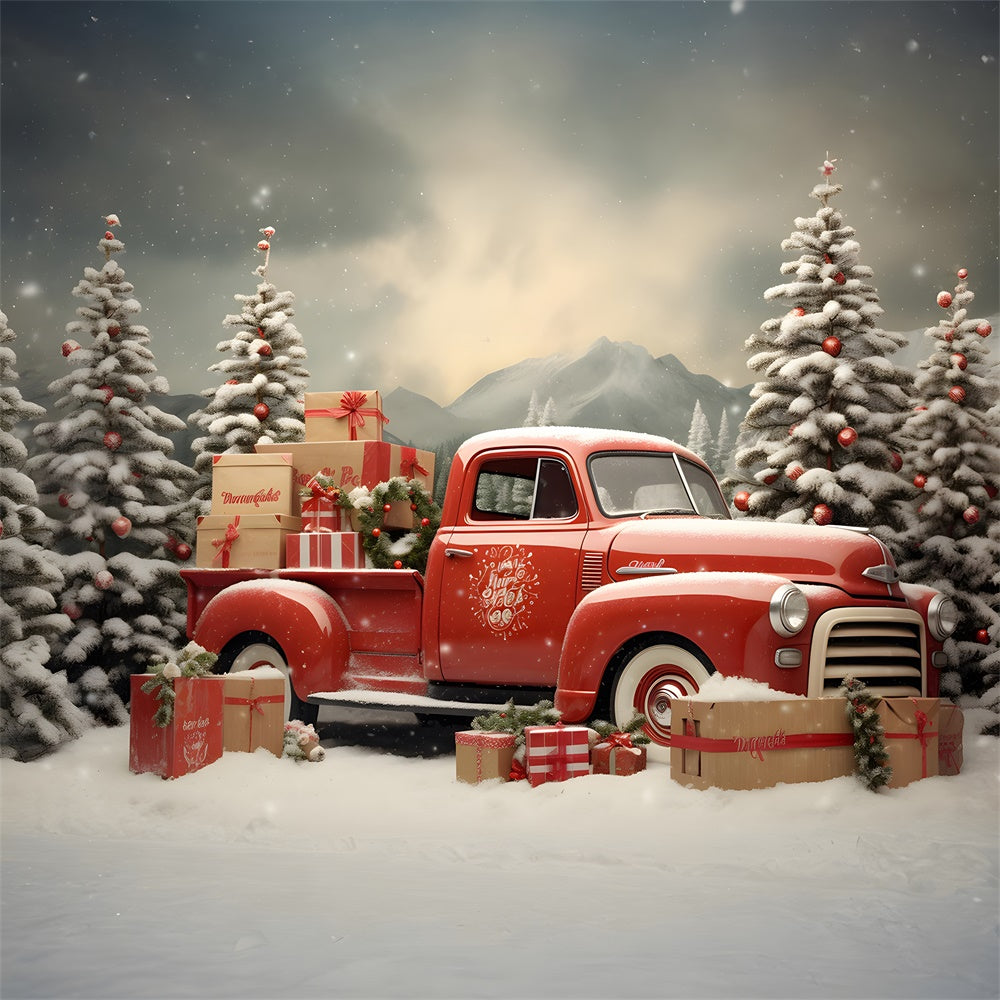 Sfondo Di Camion Rosso Con Albero Di Natale Innevato RR7-739