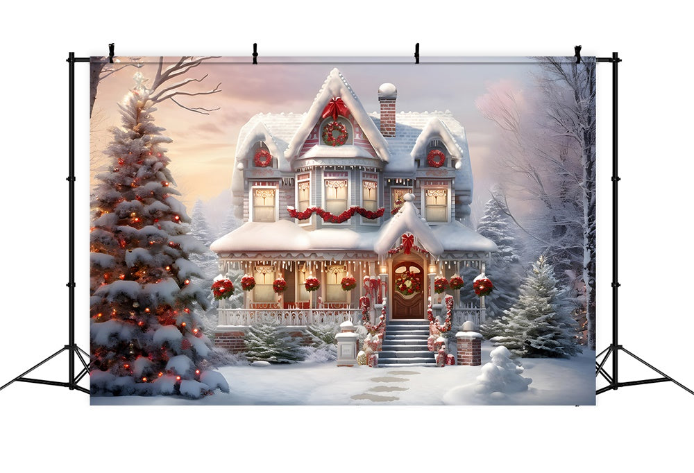 Sfondo Di Casa Decorata Con Neve Natalizia RR7-740