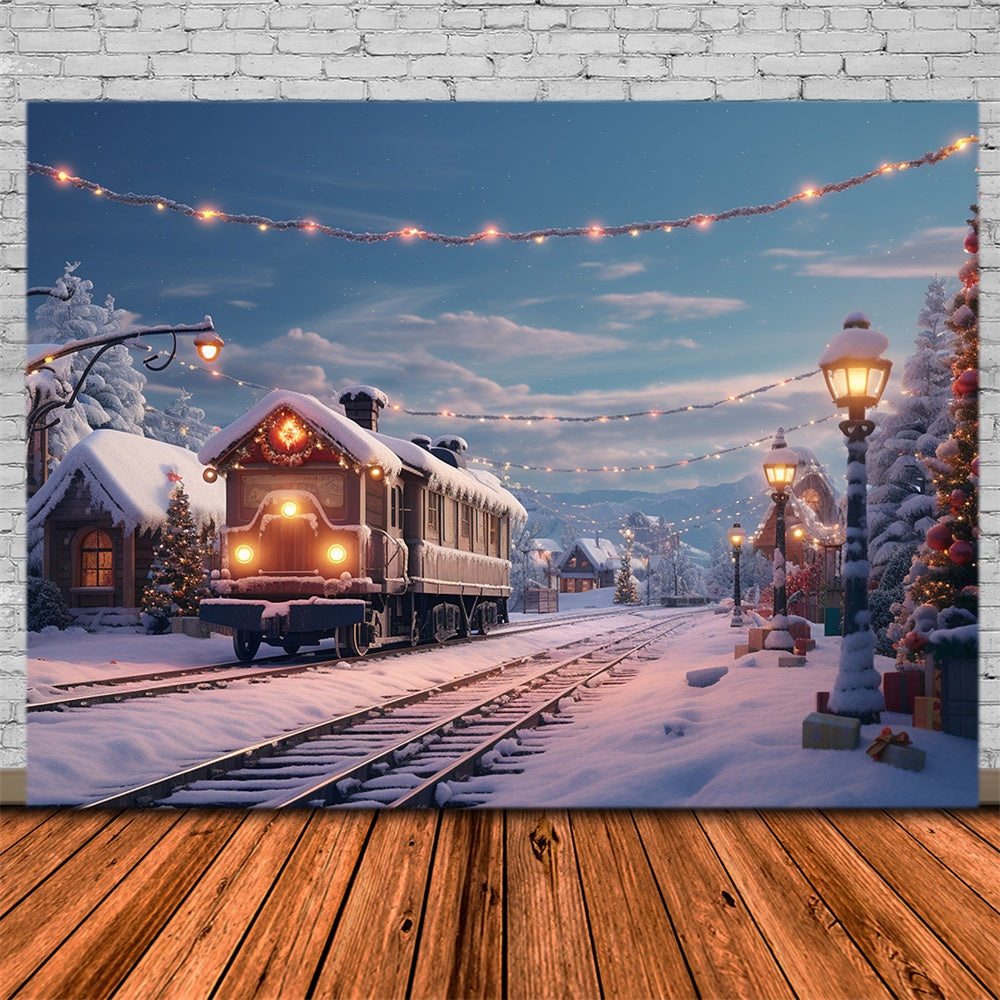 Sfondo Della Casa Del Villaggio Innevato Del Treno Di Natale RR7-741