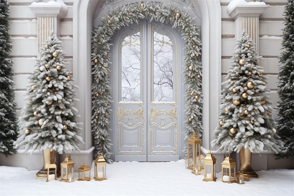 Sfondo Della Porta D'Ingresso Con Neve Sull'Albero Di Natale RR7-750