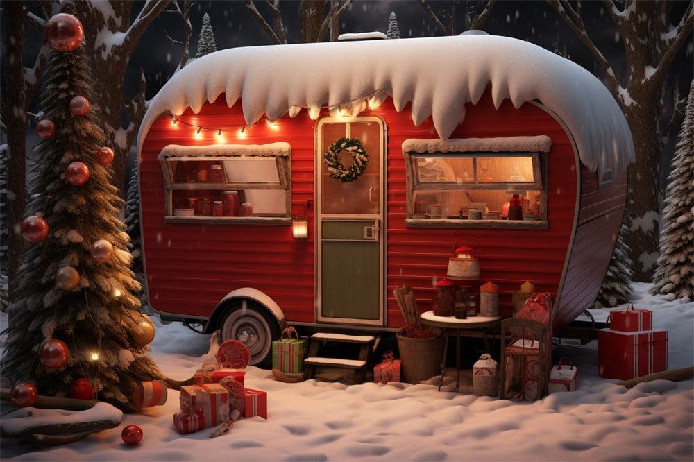 Sfondo Di Camper Rosso Natalizio Nella Foresta Innevata RR7-753