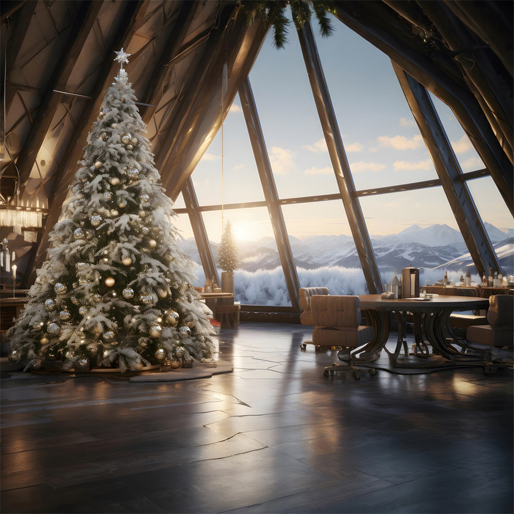 Sfondo Della Finestra Dell'Albero Di Natale Con Vista Sulle Montagne RR7-754