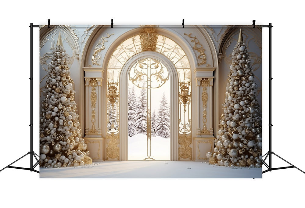 Sfondo Di Neve Con Porta Del Palazzo Dell'Albero Di Natale RR7-761