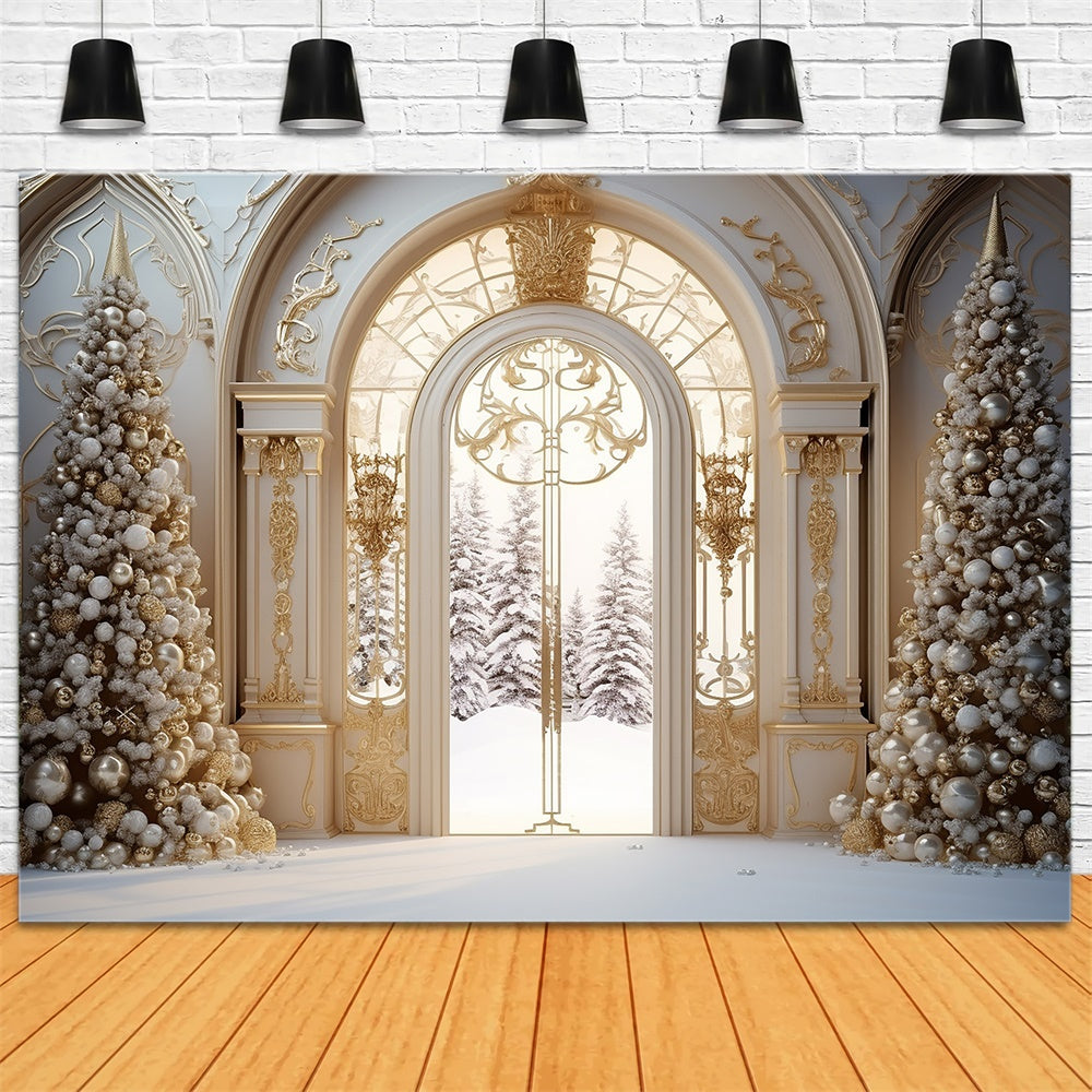 Sfondo Di Neve Con Porta Del Palazzo Dell'Albero Di Natale RR7-761
