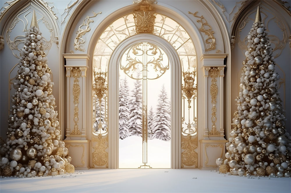 Sfondo Di Neve Con Porta Del Palazzo Dell'Albero Di Natale RR7-761