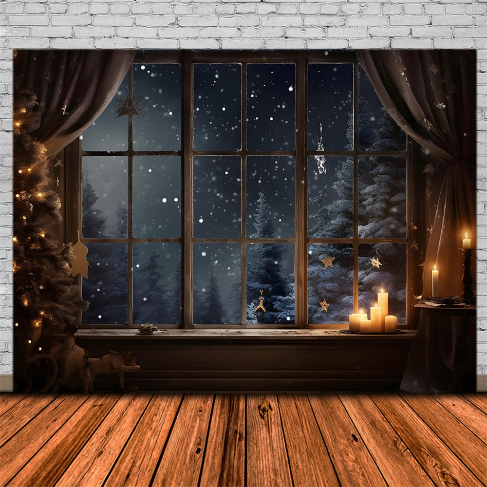 Sfondo Di Alberi Innevati Della Finestra Della Notte Di Natale RR7-765