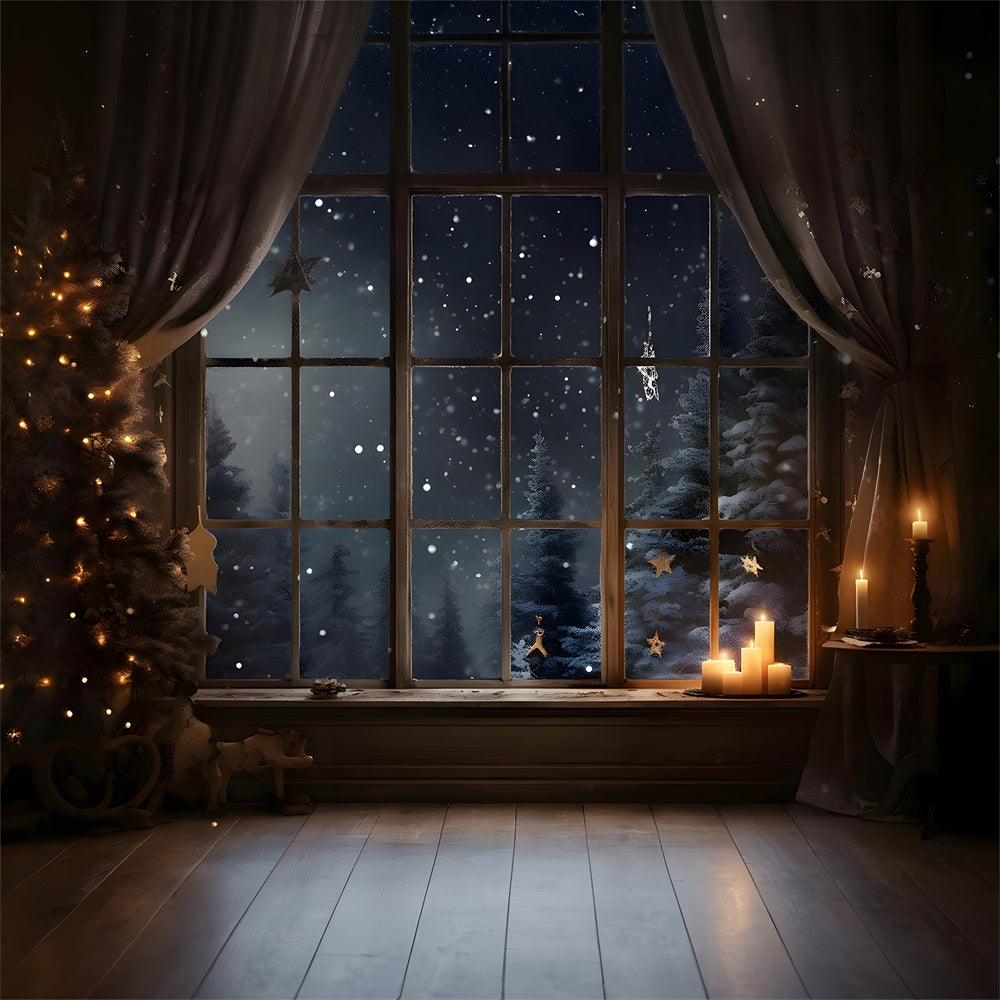 Sfondo Di Alberi Innevati Della Finestra Della Notte Di Natale RR7-765