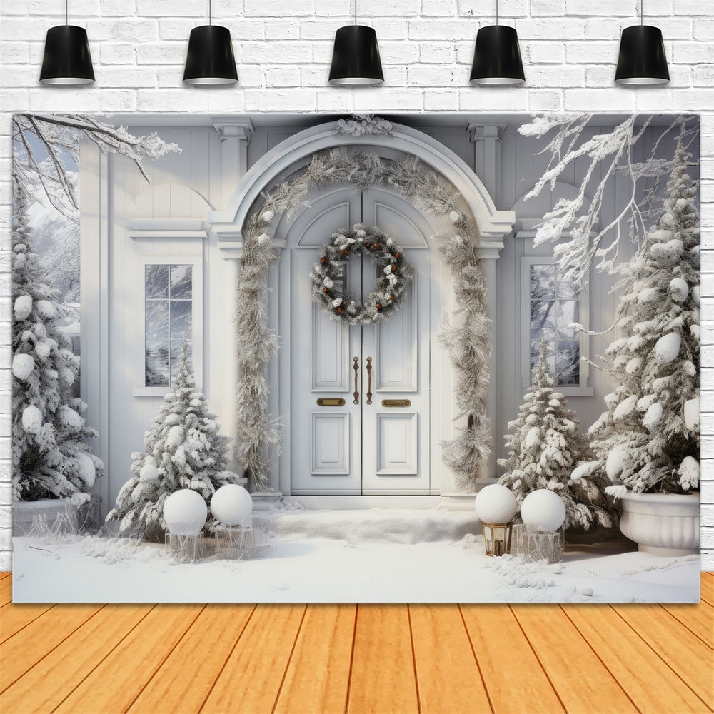 Sfondo Della Porta Della Casa Di Natale Con Alberi Innevati RR7-767