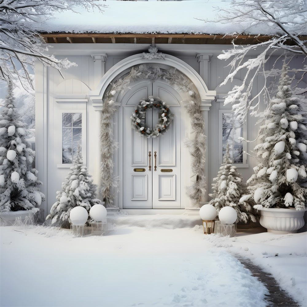 Sfondo Della Porta Della Casa Di Natale Con Alberi Innevati RR7-767