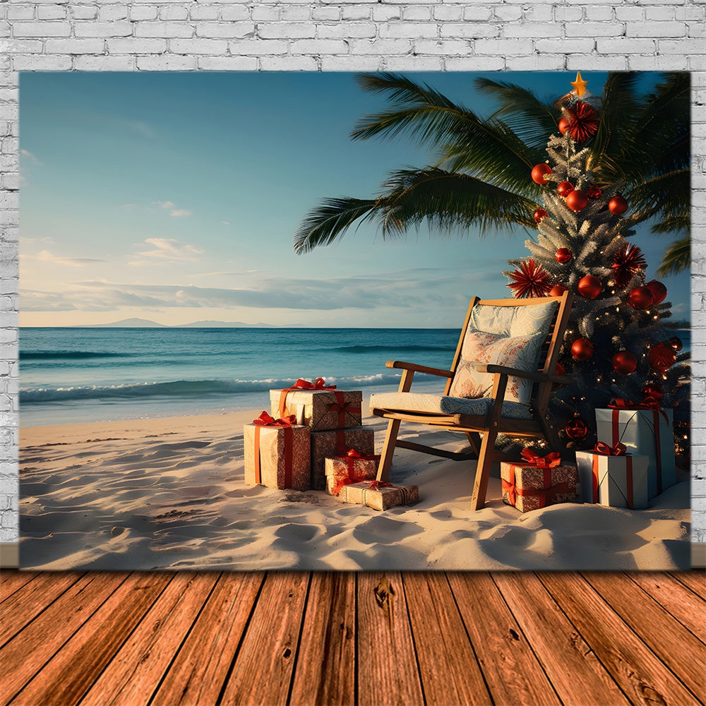 Sfondo Dell'Albero Di Natale Al Tramonto Sulla Spiaggia Di Sabbia RR7-769