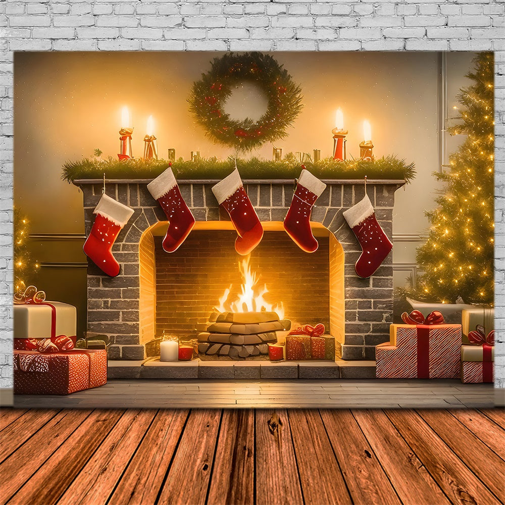 Sfondo Per Caminetto Con Calza Dell'Albero Di Natale RR7-770
