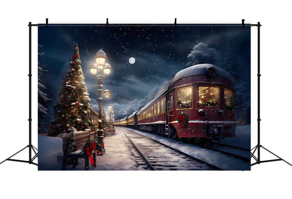 Sfondo Del Treno Innevato Degli Alberi Della Sera Di Natale RR7-776