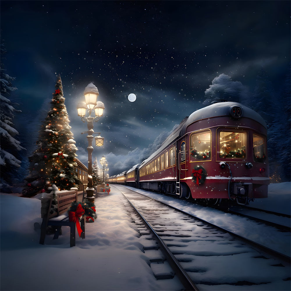 Sfondo Del Treno Innevato Degli Alberi Della Sera Di Natale RR7-776