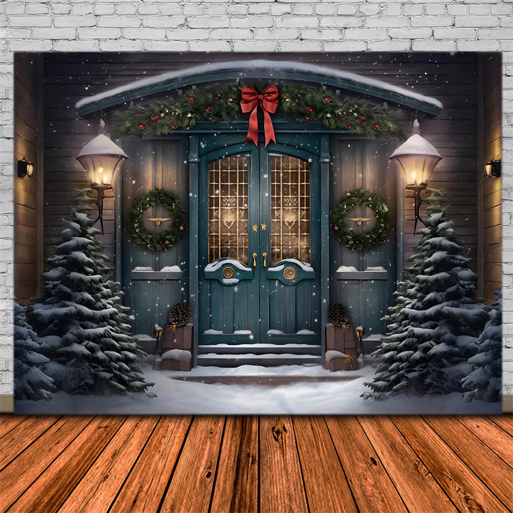 Sfondo Della Porta Con Ghirlanda Di Albero Di Natale Innevato RR7-782