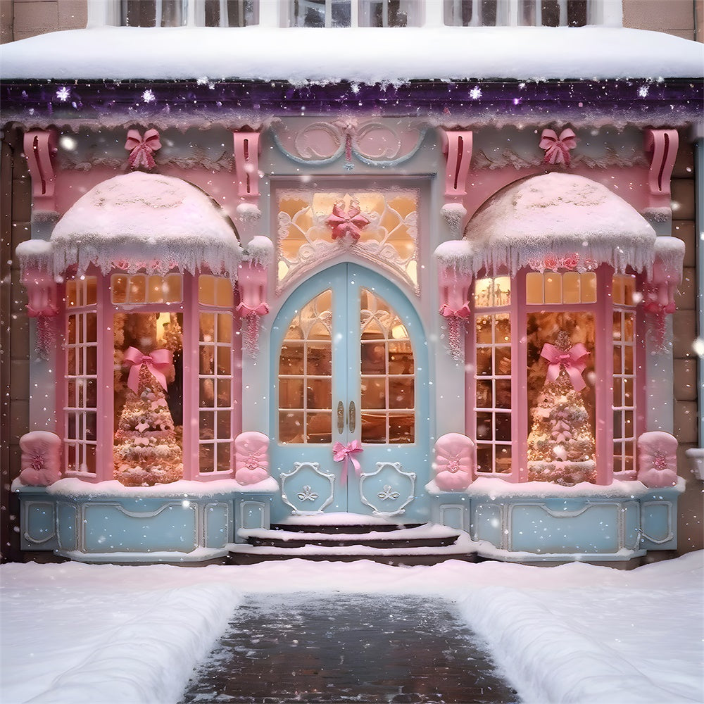 Sfondo Di Neve Del Negozio Di Caramelle Rosa Di Natale RR7-790