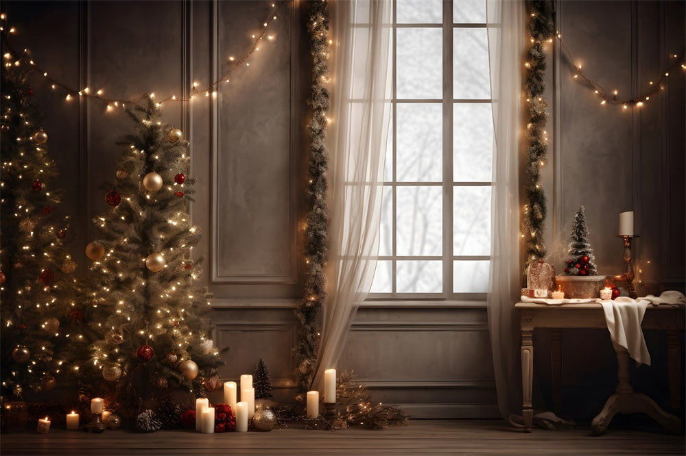 Sfondo Della Finestra Delle Candele Delle Luci Dell'Albero Di Natale RR7-799