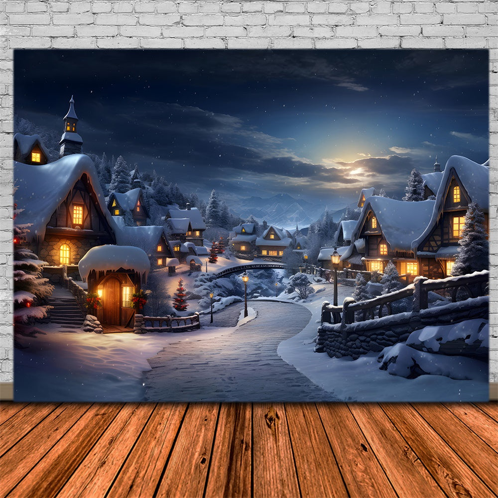 Sfondo Natalizio Con Luci Del Villaggio Nella Foresta Innevata RR7-803