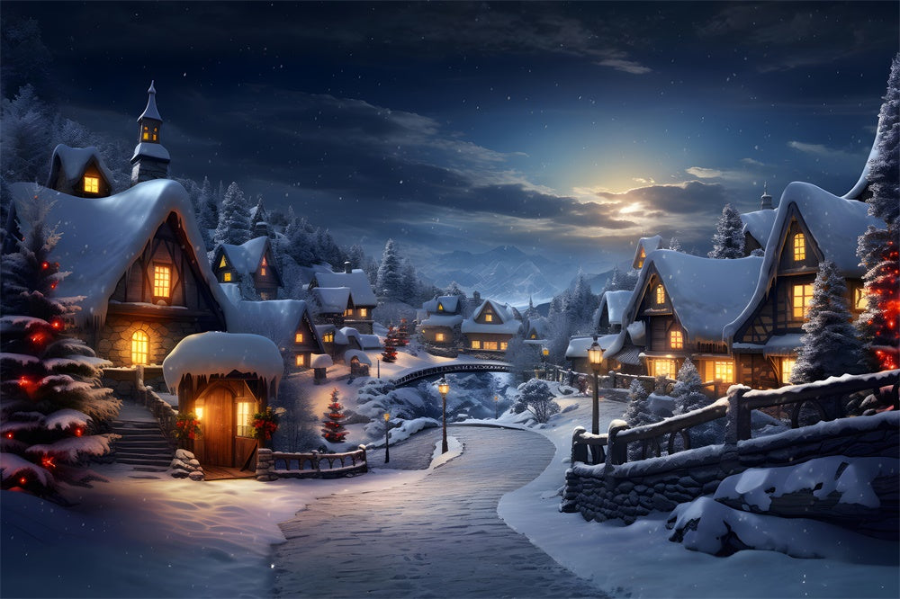 Sfondo Natalizio Con Luci Del Villaggio Nella Foresta Innevata RR7-803