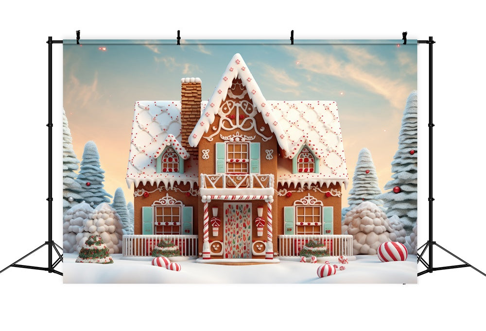 Sfondo Di Casa Di Marzapane Con Albero Di Natale In Neve RR7-806