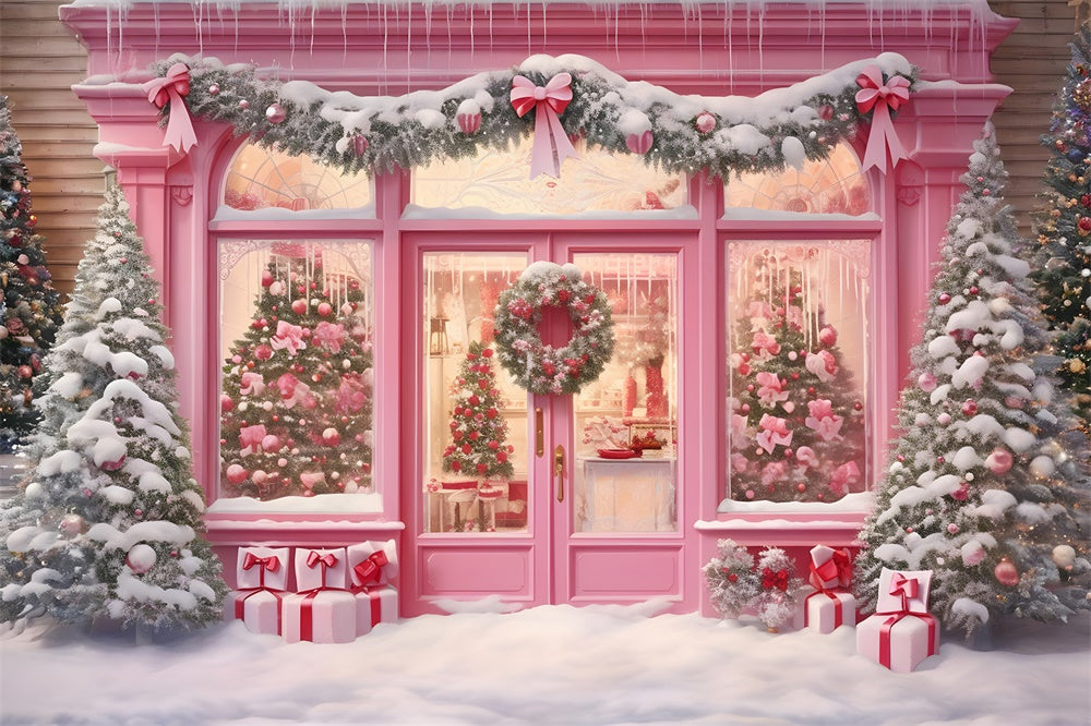 Negozio Di Natale Rosa Ghirlanda Di Neve Sullo Sfondo RR7-811