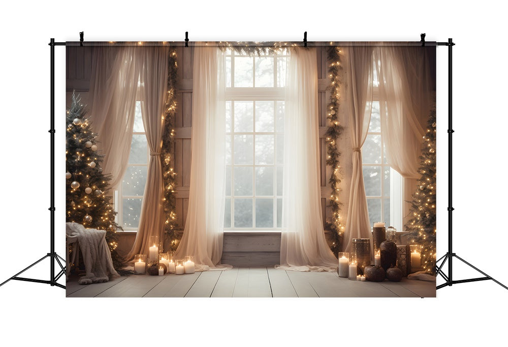Sfondo Della Tenda Della Finestra Con Luci Dell'Albero Di Natale RR7-812