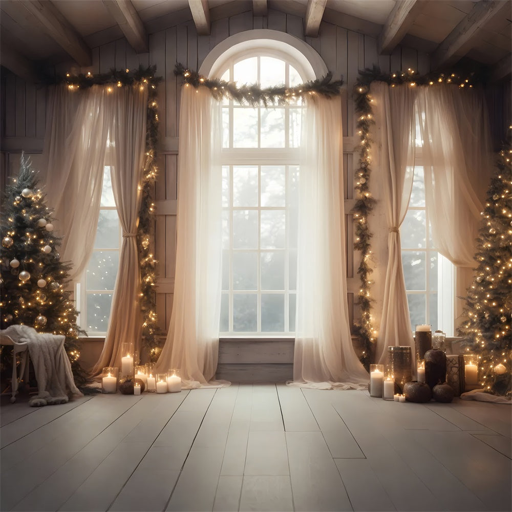 Sfondo Della Tenda Della Finestra Con Luci Dell'Albero Di Natale RR7-812