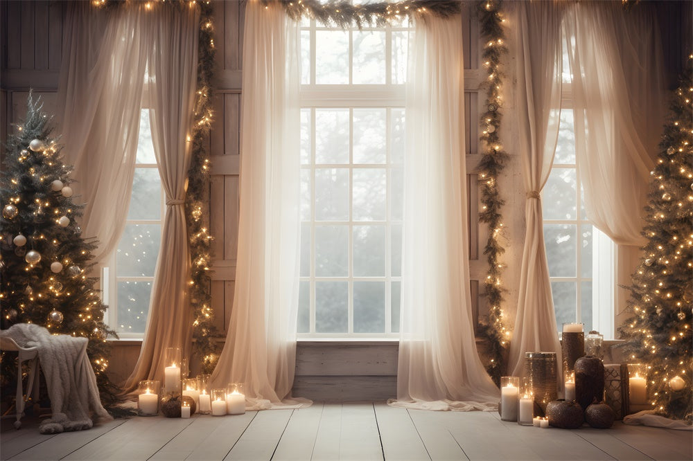 Sfondo Della Tenda Della Finestra Con Luci Dell'Albero Di Natale RR7-812