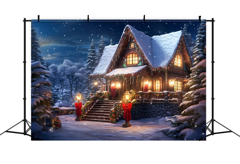 La Casa Innevata Della Foresta Illumina Lo Sfondo Natalizio RR7-813