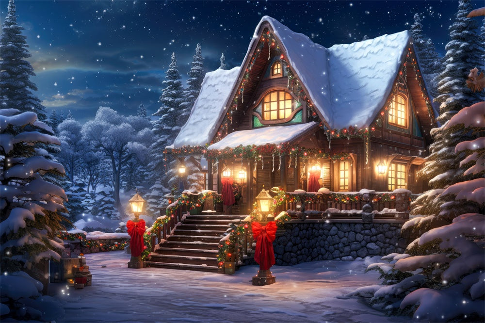La Casa Innevata Della Foresta Illumina Lo Sfondo Natalizio RR7-813